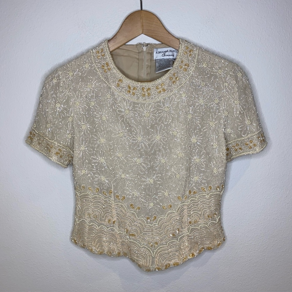 Vintage Adrianna Papell Silk Beaded Cream Blouse Short Sleeve Size P4 Sparkles